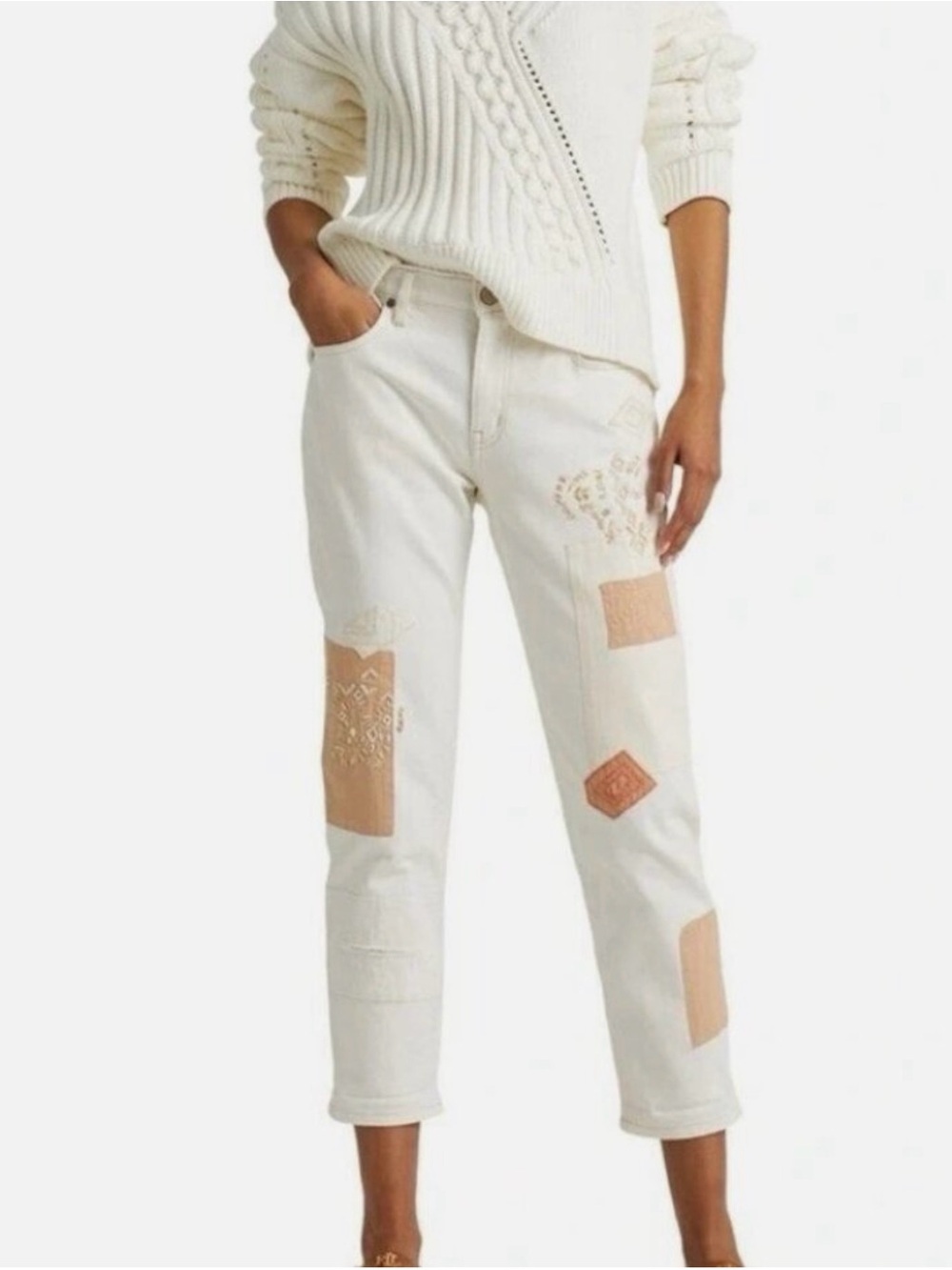 Lauren Ralph Lauren Cream Patchwork Relaxed Tapered Ankle Jeans 12